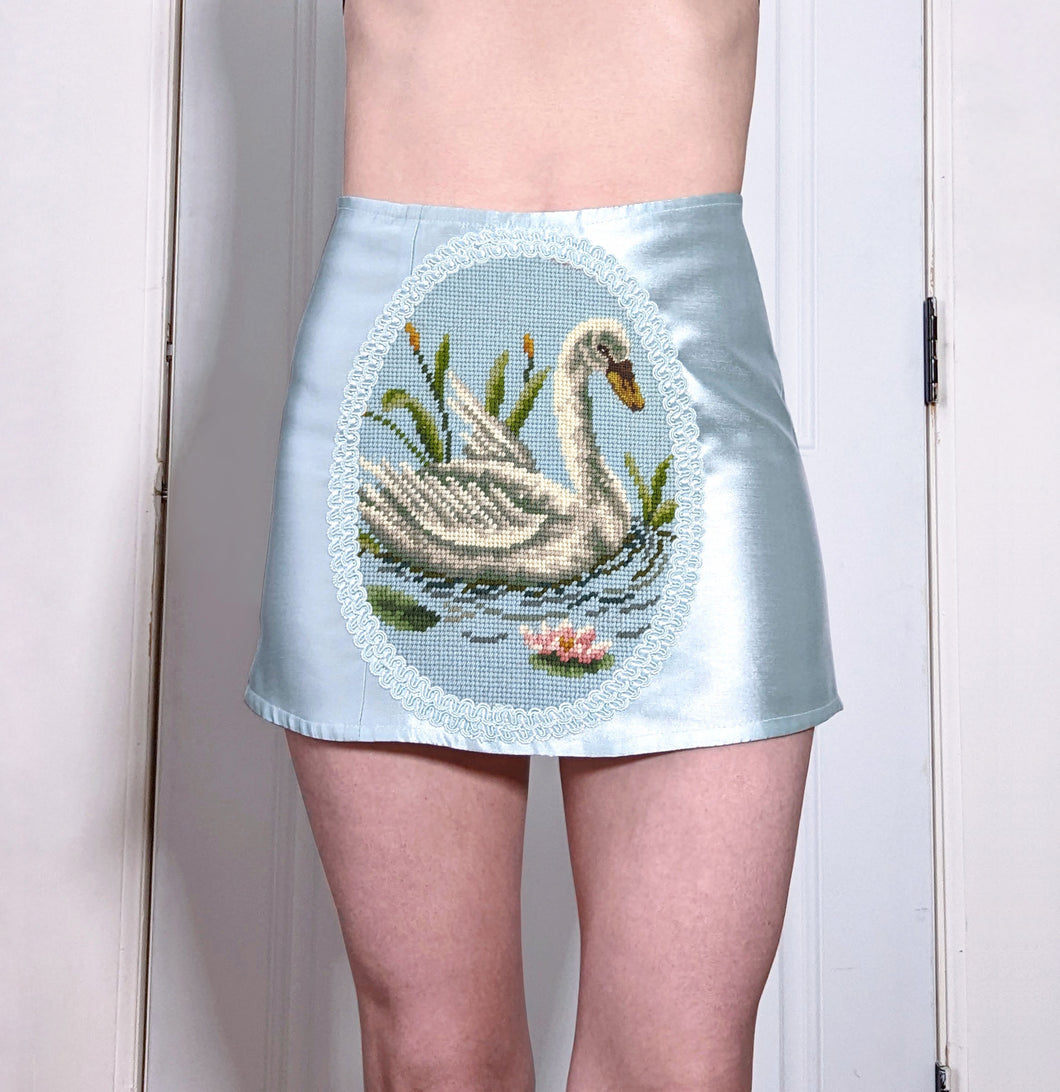 Blue Satin Swan Mini Skirt