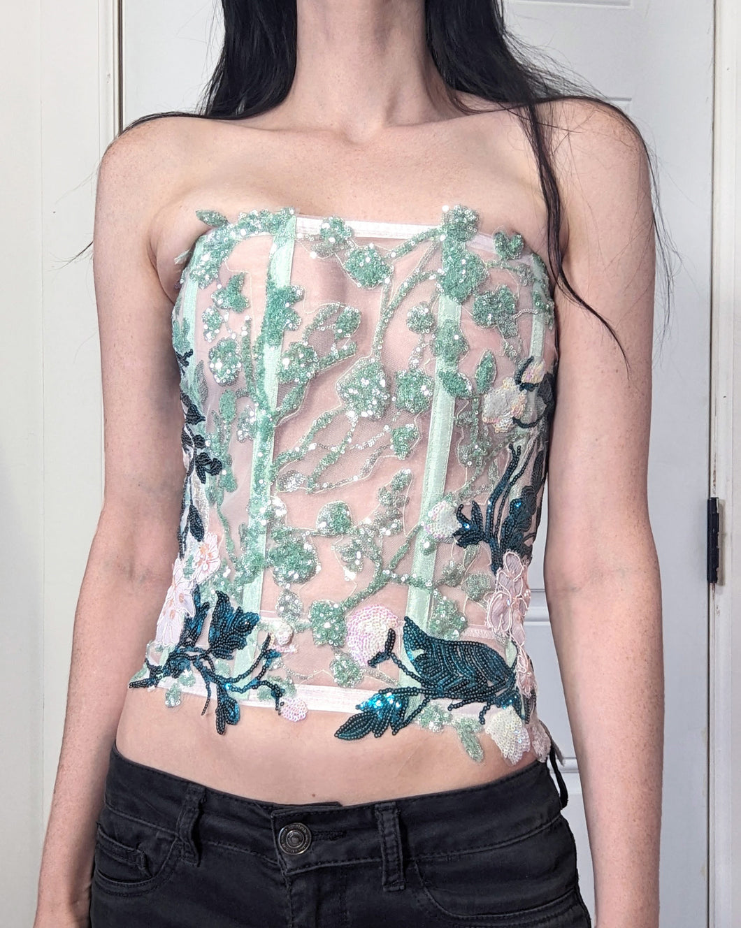 Green Floral Sequins Corset