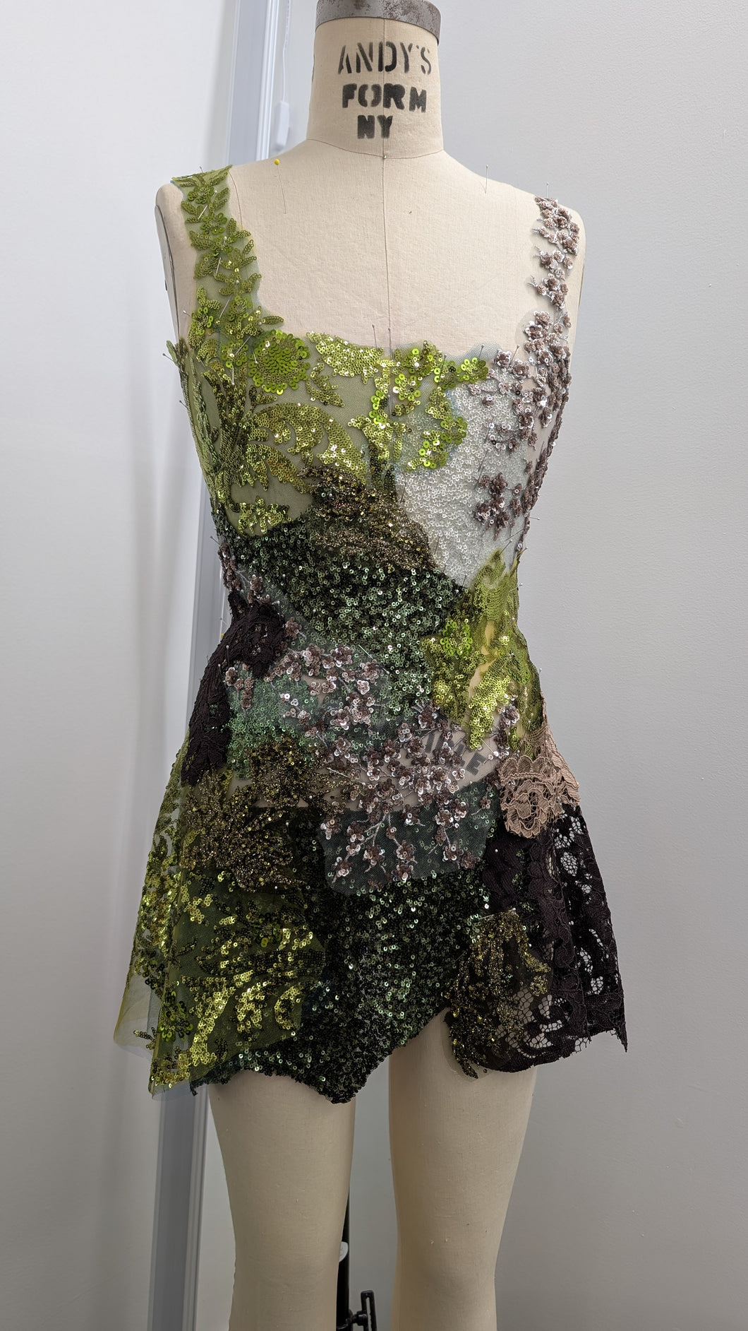 Green Lace & Sequin Flowers Mini Dress