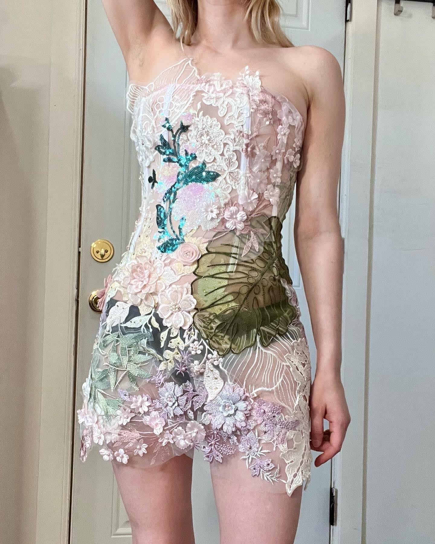 Lace & Organza Flowers Mini Dress