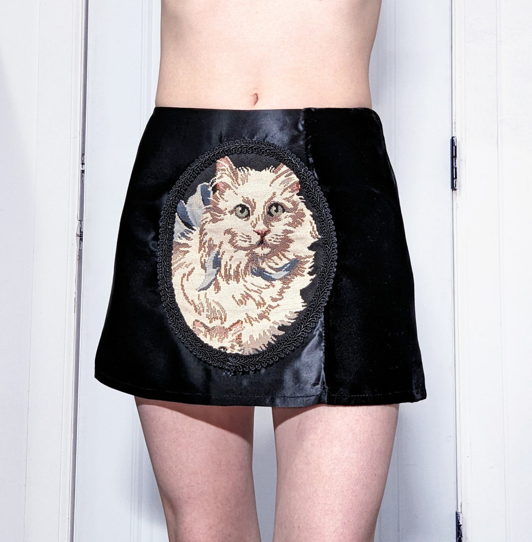 Black Satin Cat Mini Skirt