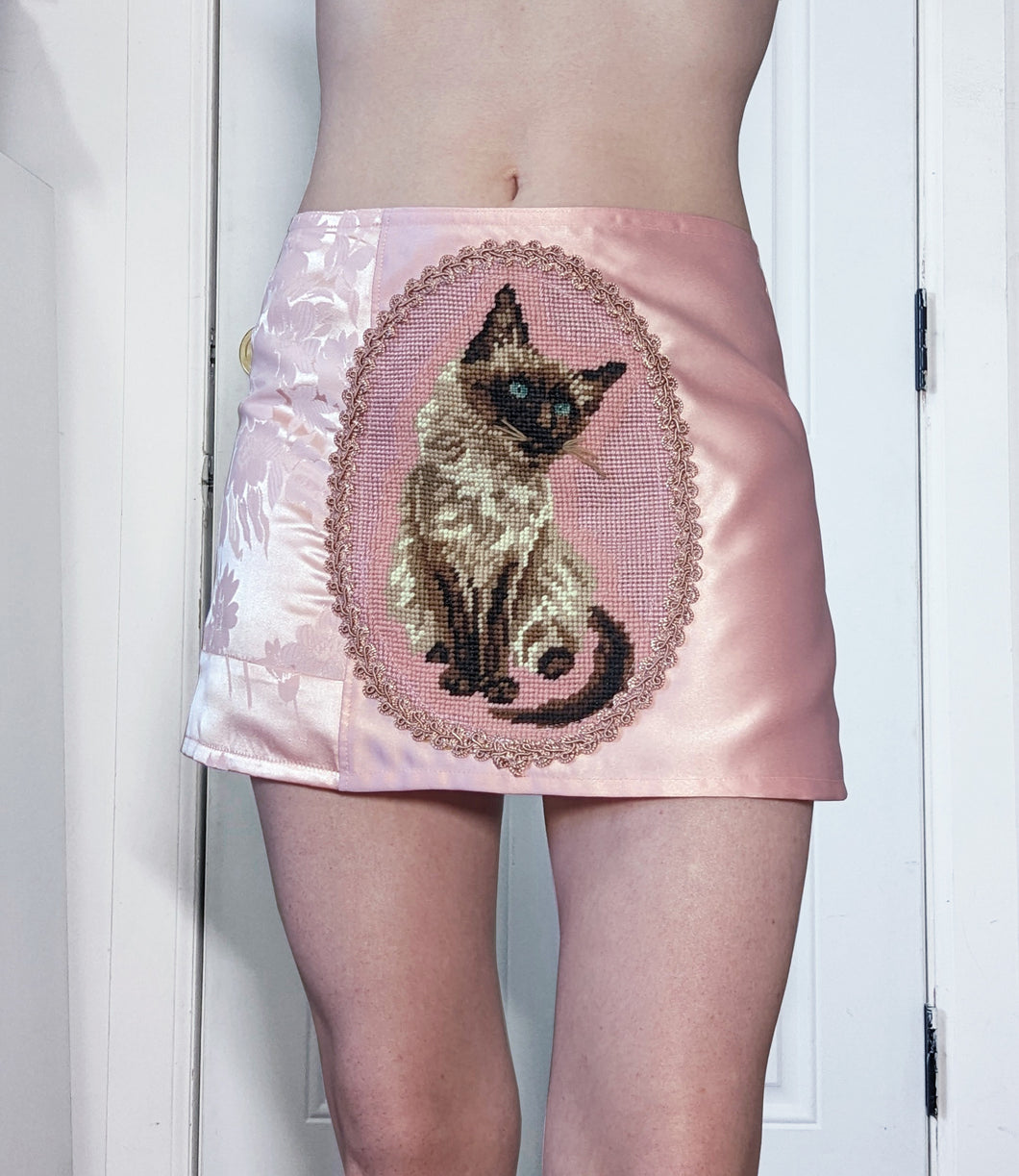 Pink Satin Cat Needlepoint Skirt